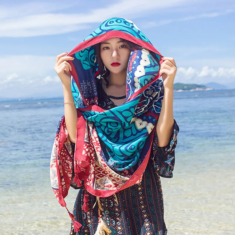 women's retro vacation geometric cotton and linen scarf