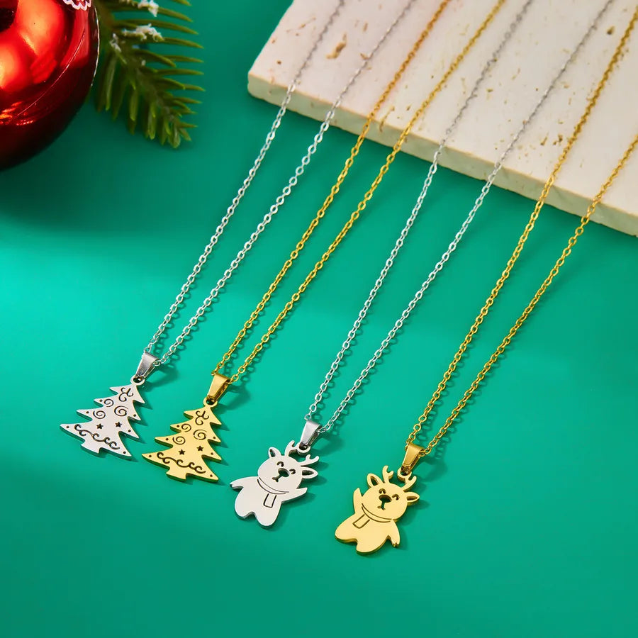 Christmas Deer Santa Claus Stainless Steel Necklace Women's Versatile Cartoon Character Design Paved Snowflake Pattern Jewelry Accessory