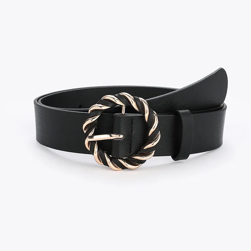 retro round solid color pu leather alloy women's leather belts