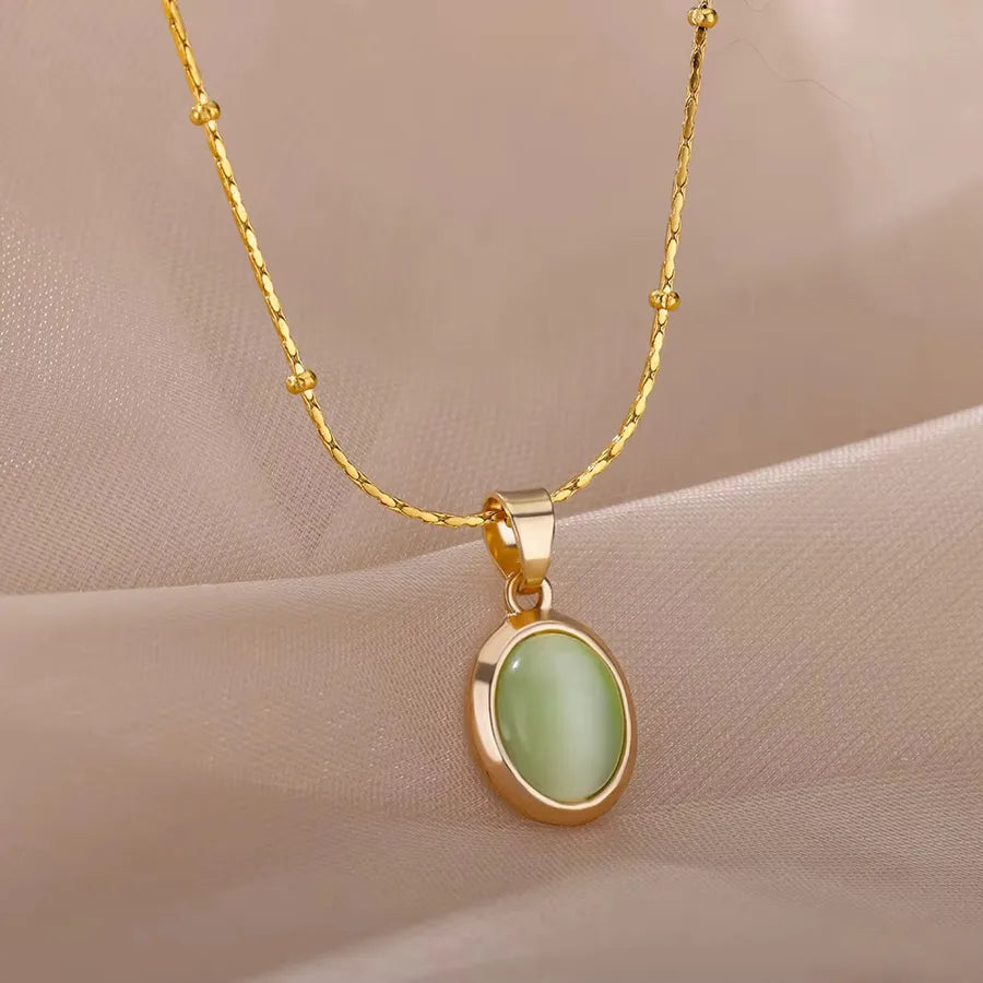Wholesale Jewelry Elegant Sweet Geometric 304 Stainless Steel Cat's Eye Stone Plating cable chain Pendant Necklace