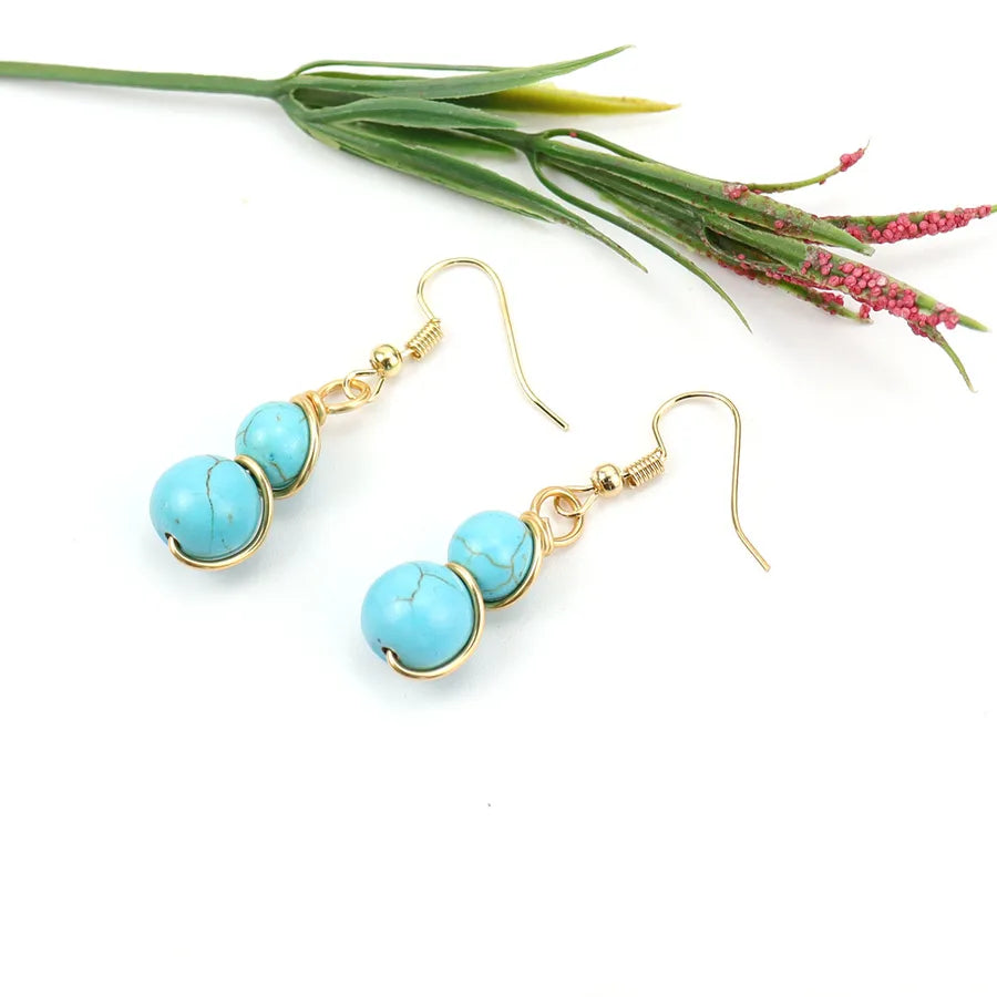 1 Pair Casual Pastoral Gourd Beaded natural stone Copper Drop Earrings