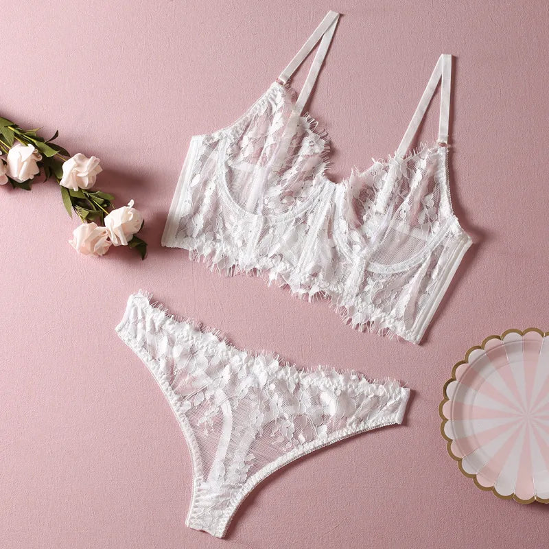 women's sexy flower sexy lingerie sets party see-through underwire bra low waist thong sexy lingerie