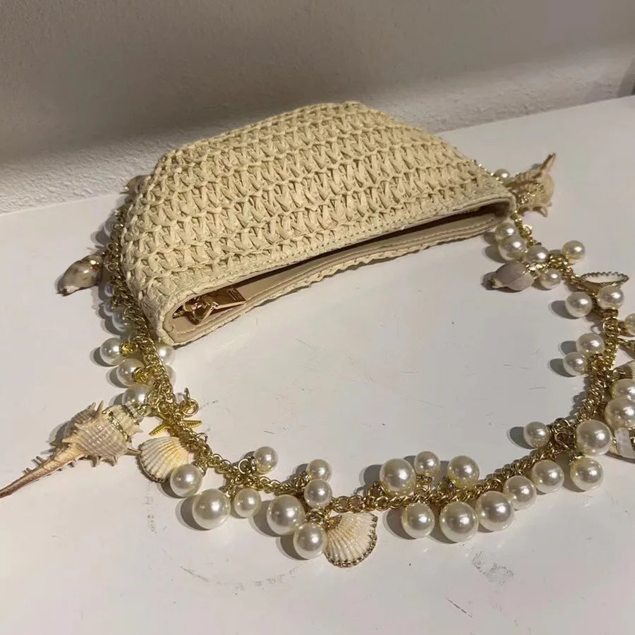 Women's Straw Starfish Pearl Shell Streetwear Weave Semicircle Zipper Straw Bag