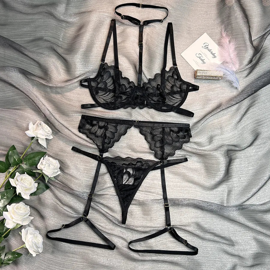 Europe and the United States  independent station hot sexy underwear lace sexy hanging neck basic three-piece set spot second hair