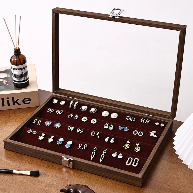 Walnut Wooden Jewelry Storage Box Earring Necklace Ring Organizer Dustproof Display Stand For Vendors Luxury Jewelry Case