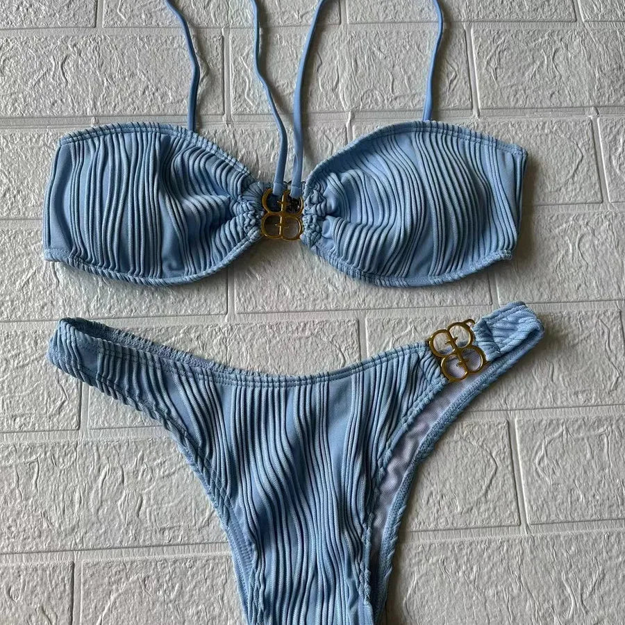 Women's Solid Color 2 Pieces Set Bikinis Swimwear