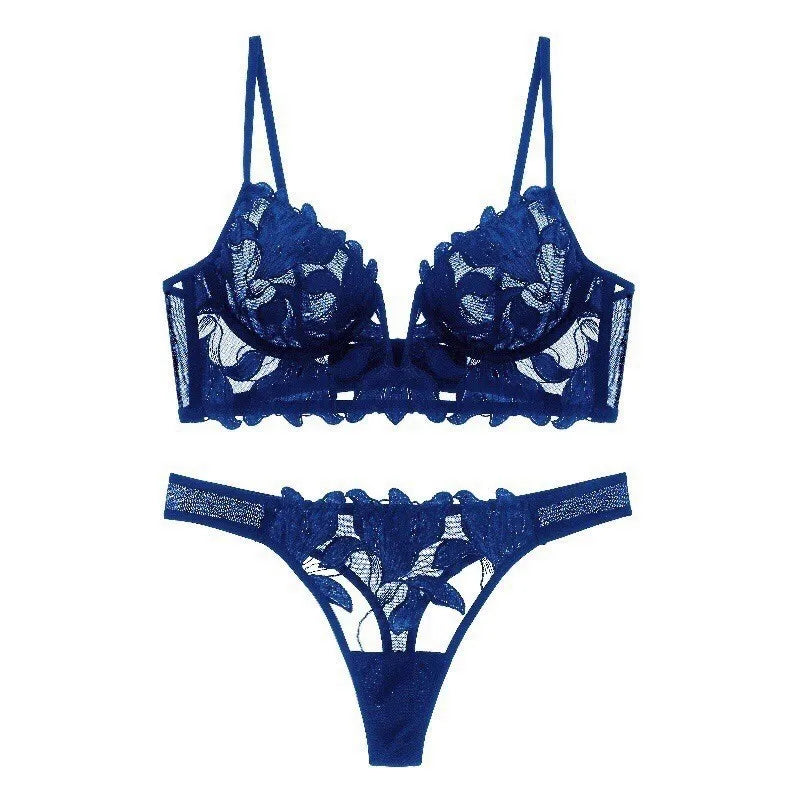Sexy Deep V Embroidered Lace Underwear Women's Ultra-thin Large Chest Shown Small Gather-up Bra Suit Bra