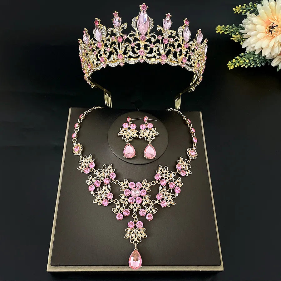 sweet water droplets heart shape alloy plating inlay rhinestones women's crown earrings necklace