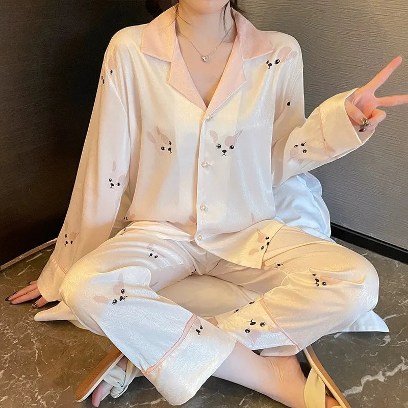 Pure Color Lace Splice Smooth Ice Silk Sleepwear Set Women Long Sleeve Long Pants Two Piece Set High-End Sensation Home Clothes