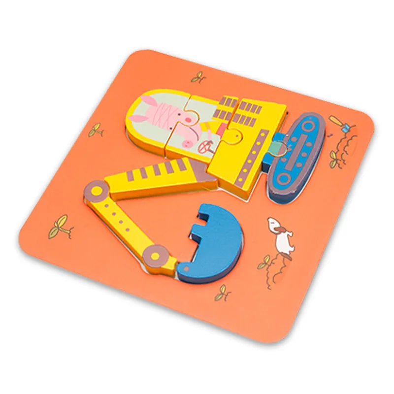 Children's Cartoon 3D Wooden Puzzle Educational Cognitive Animal Enrichment Toy Transportation Vehicle Assembly Kit