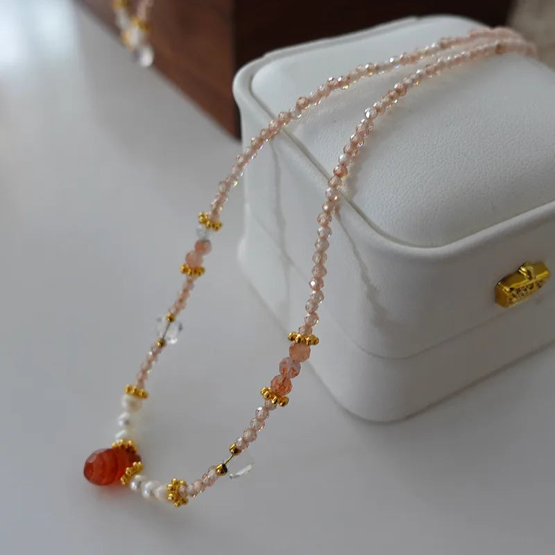Retro Japanese Style Geometric natural stone Freshwater Pearl Agate Pendant Necklace In Bulk