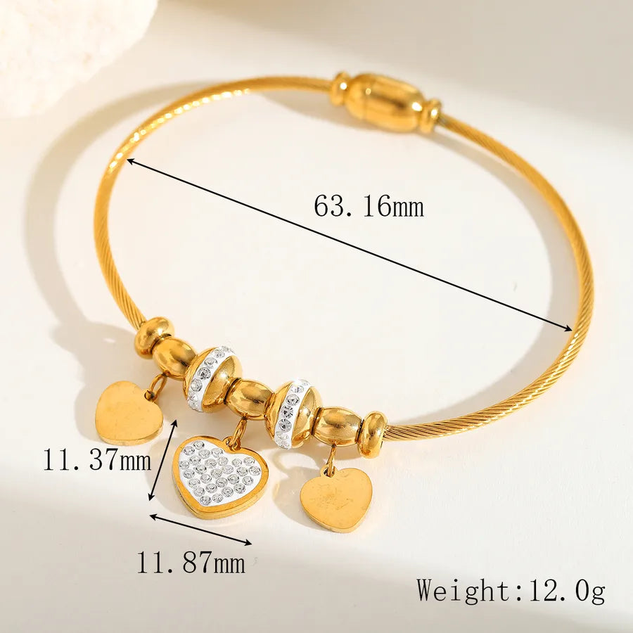 Cute Classic Style Commute Four Leaf Clover Heart Shape 304 Stainless Steel 18K Gold Plated Zircon Bangle In Bulk