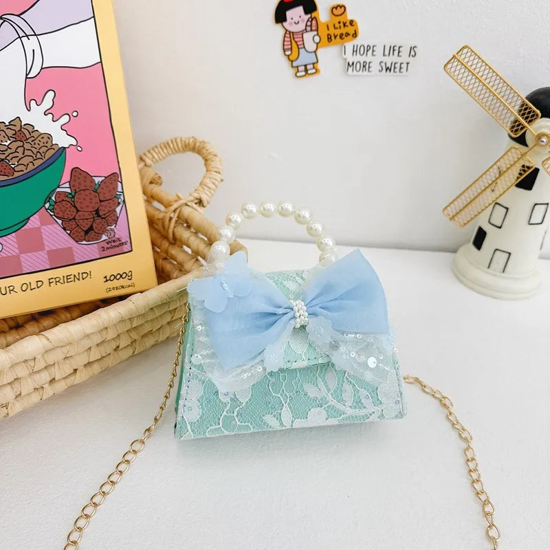 New Children's Bag Crossbody Bag Fashion Pearl Handbag Lace Bow Girl Princess Accessories Bag