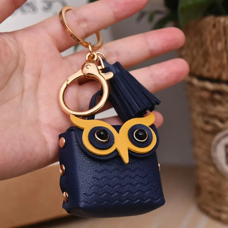 cartoon style owl pu leather metal unisex bag pendant keychain