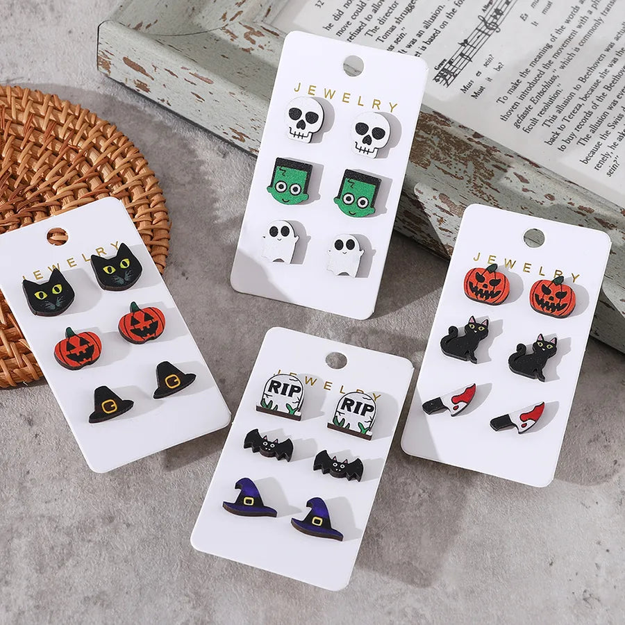 Wooden Vintage Halloween Party Ear Studs Set For Women Bat Pumpkin Witch Hat Skeleton Black Cat Design Stainless Steel Post