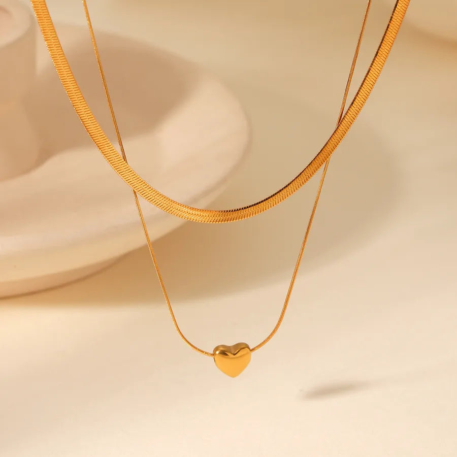 Wholesale Jewelry IG Style Casual Elegant Heart Shape 304 Stainless Steel 18K Gold Plated Blade chain snake chain Double Layer Necklaces
