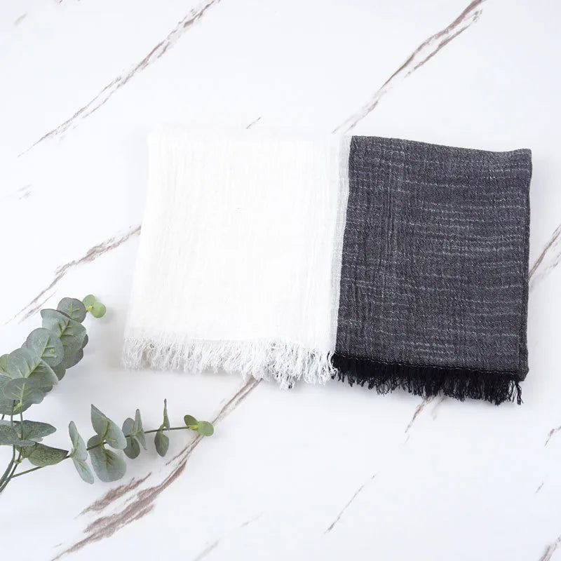 Japanese and Korean Art Style Spring and Autumn Thin Cotton and Linen Scarf Natural Wrinkle Left and Right Color-matching Cotton Scarf