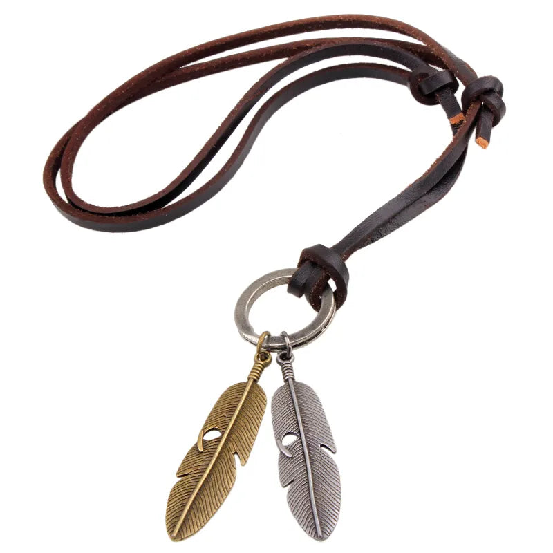 1 piece retro double ring alloy leather rope men's sweater chain