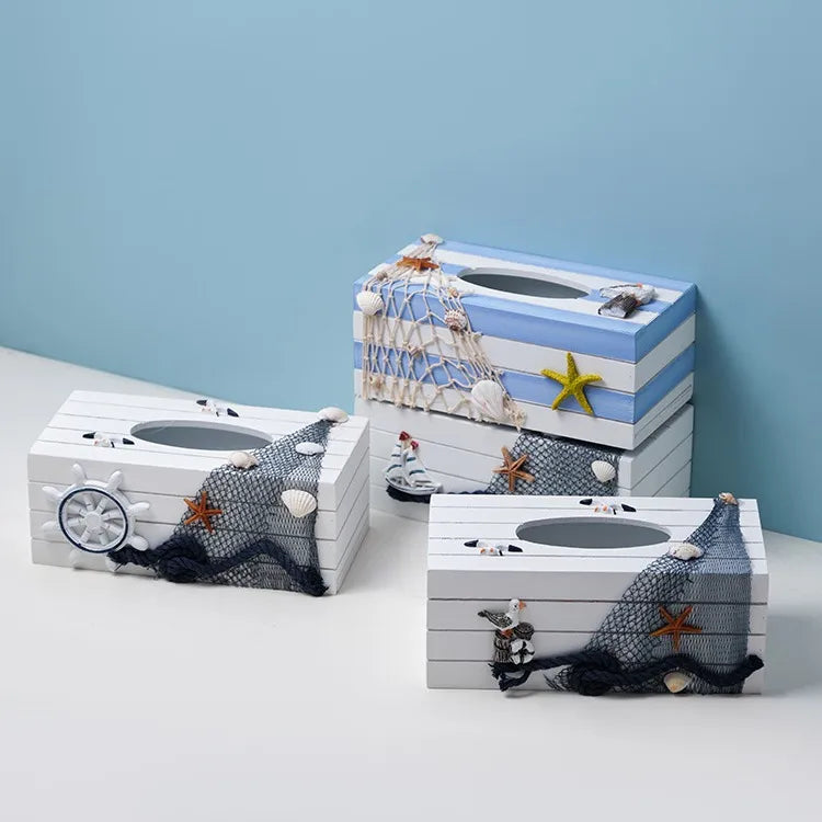 Marine Style Starfish Rudder Wood Tissue Box