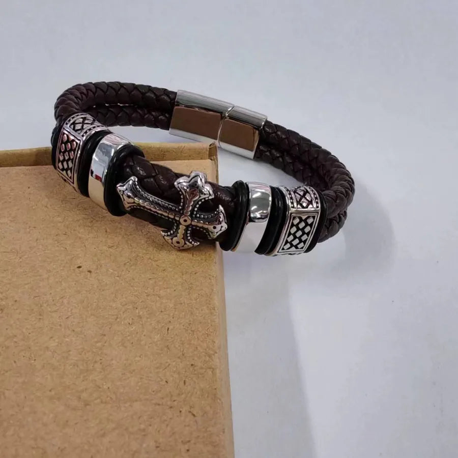 popular leather cross stainless steel bracelet metal accessories genuine leather bracelet men's bracelet jewelry