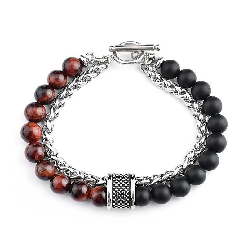 casual simple style round stainless steel stone beaded chain men's bracelets