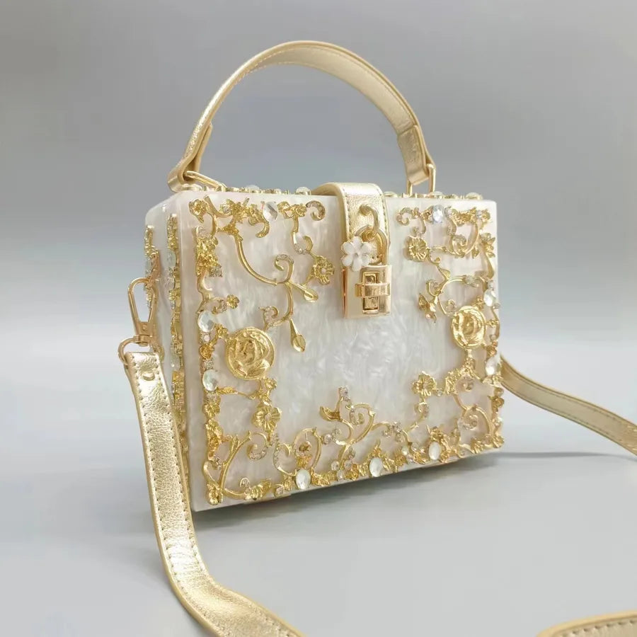 Clearance  acrylic dinner bag hollow metal carved Diamond-embedded handbag shoulder crossbody women's bag