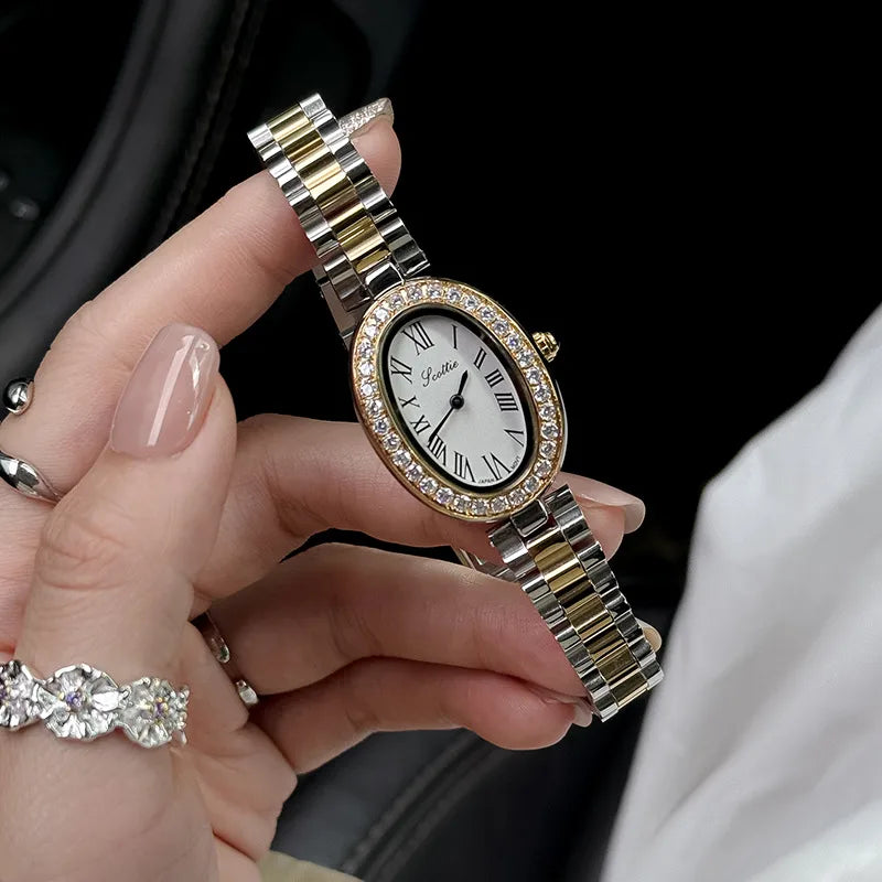 Elegantly Crafted Roman Steel Band Quartz Watch For Women Small Dial Oval Shape Diamond Embedded Fashionable Timepiece