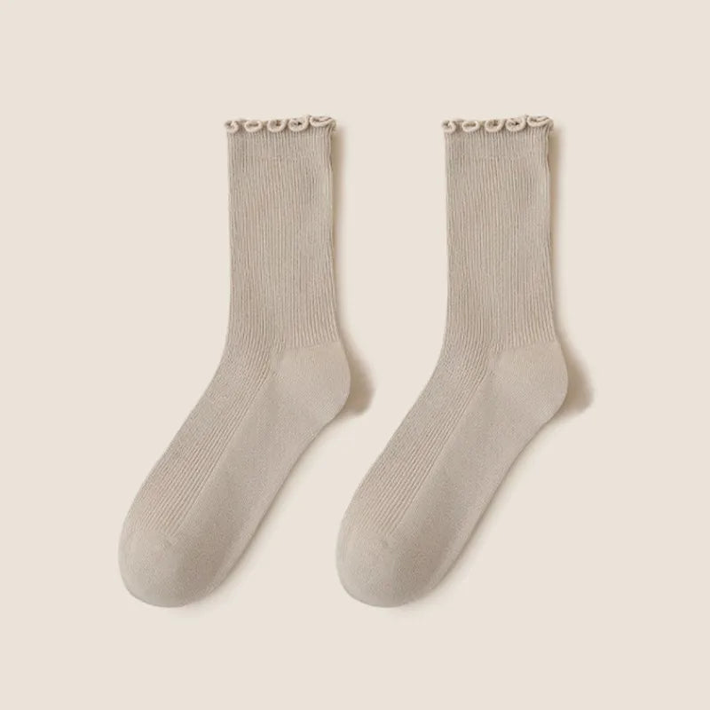 Wooden ear socks women's mid-calf socks summer thin pile socks summer black white autumn stockings loafers fashion