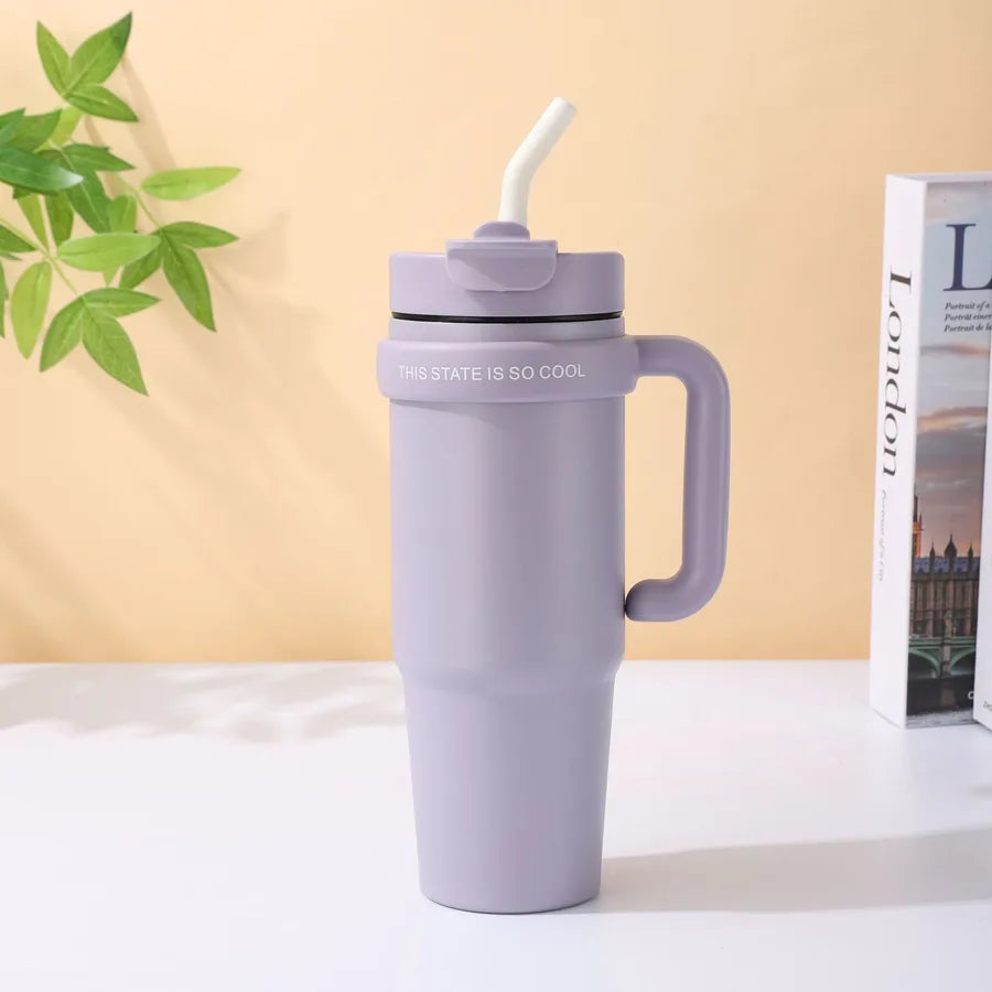 Giant 30Oz Handle Cup, 304 Stainless Steel Thermos Cup, Car Double Drinking Straw Large Ice Cup
