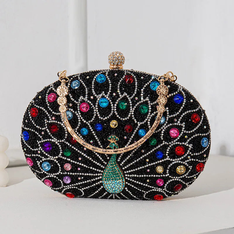 Rhinestone Metal Peacock Oval Evening Bags