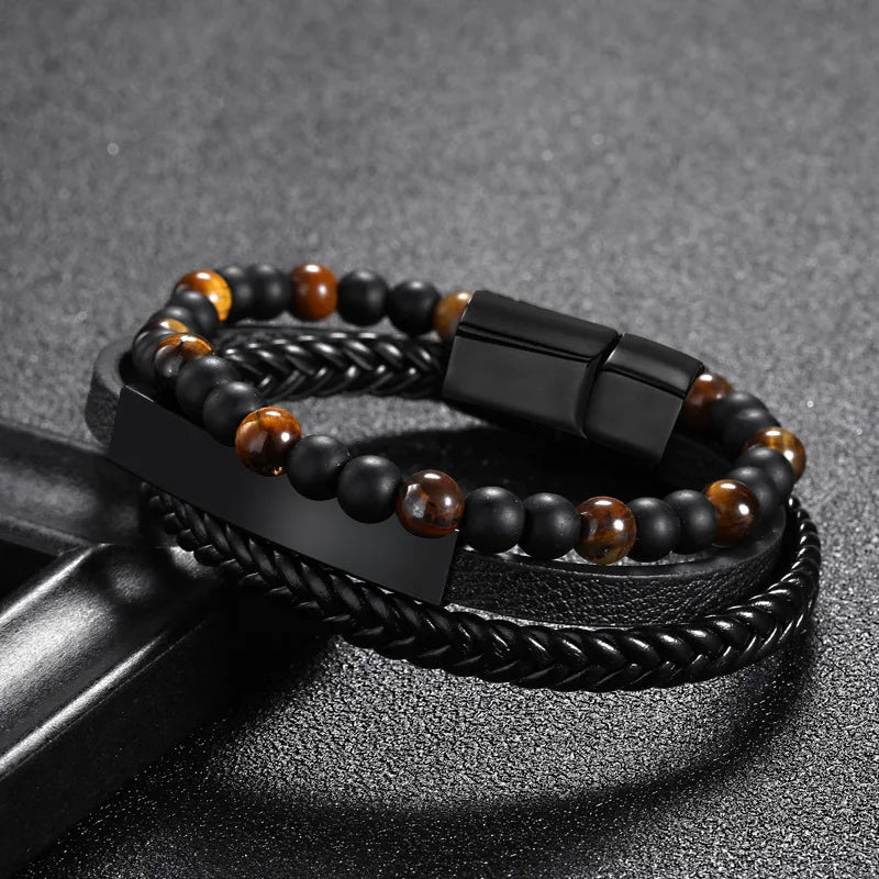 1 piece fashion round pu leather alloy beaded layered patchwork men's bracelets