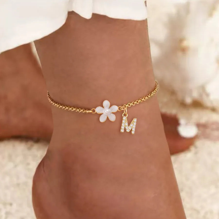 Wholesale Jewelry Simple Style Classic Style Letter Flower 201 Stainless Steel Copper Zircon Inlay Anklet