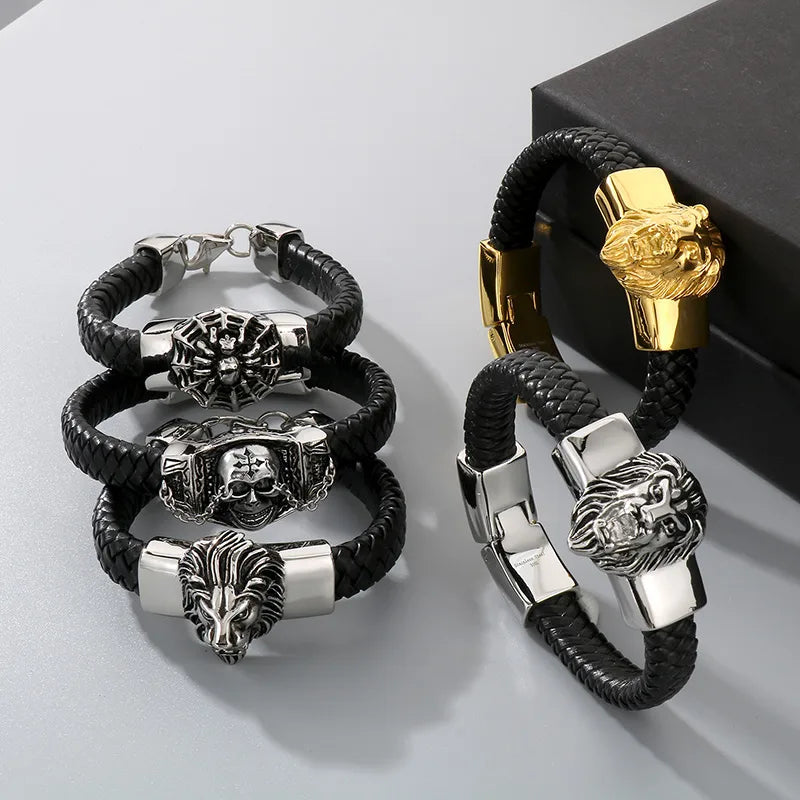 Hip-Hop Retro Animal Lion Skull 304 Stainless Steel Leather rope Leather Halloween Men's Bracelets