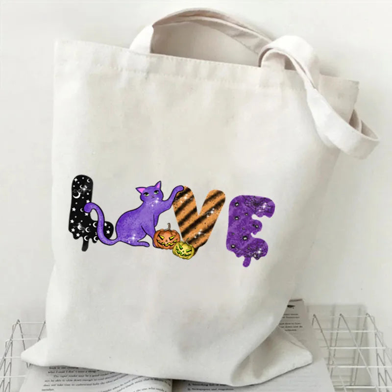 Halloween Cartoon Pumpkin Decorative Canvas Bag Student Handbag Shopping Commuter Bag Large Square Fashion Tote Bag