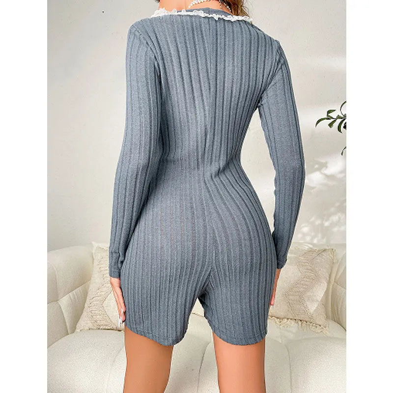 Women's Lace Trim Jumpsuit Nightgown Comfortable Slimming Home Clothes V-neck Long Sleeve Short Pants Spring Autumn New Style