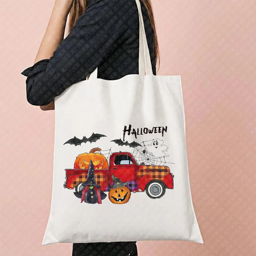 Halloween Movie Pattern Canvas Tote Bag Reusable Shopping Shoulder Bag Travel Large Square Printed Handbag Retro Style Women