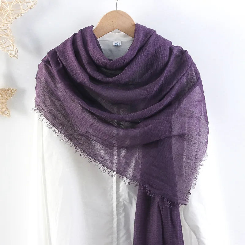 Hot selling solid color pleated cotton and linen scarf  women's bag headscarf crumpled hair fringe bubble scarf women's scarf cover head