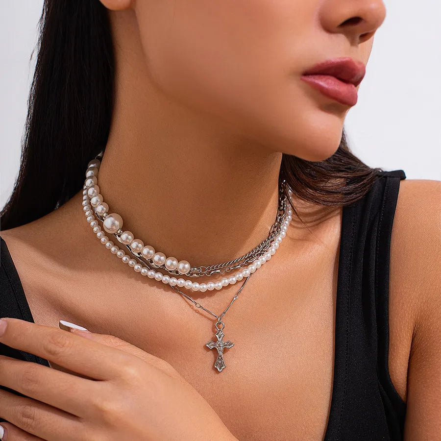 Punk Streetwear Cross Imitation Pearl Alloy Iron Beaded Chain Layered Necklaces Wholesale