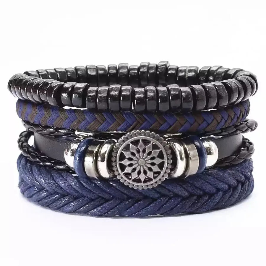 Exclusive for  Four-Piece Card Woven Bracelet Leather Bracelet Multi-Layer Suit Electroplated Black Retro Ornament Men's