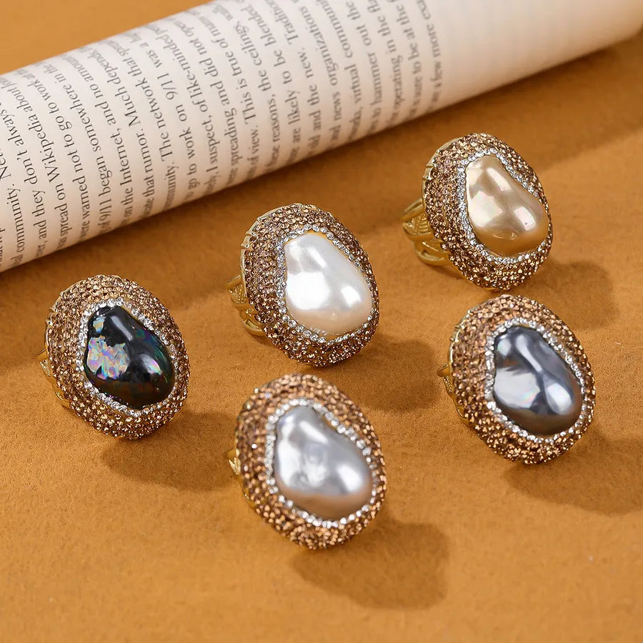 IG Style Geometric Copper Rhinestones Pearl Shell Open Rings In Bulk