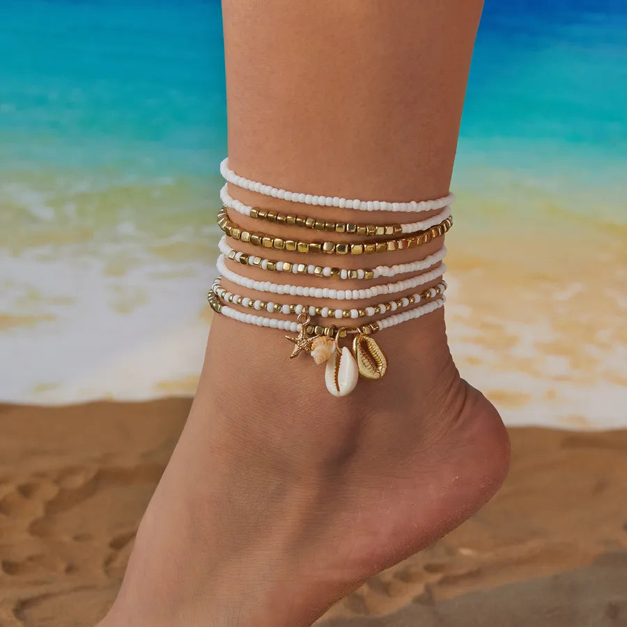Bohemian starfish rice beads crystal anklet suit summer all-match beach rice beads shell multi-layer anklet wholesale