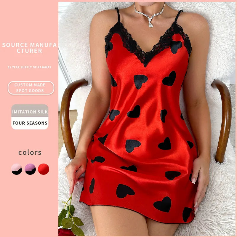 Home Women's Casual Sexy Color Block Heart Shape Imitated Silk Polyester Pajama Sets