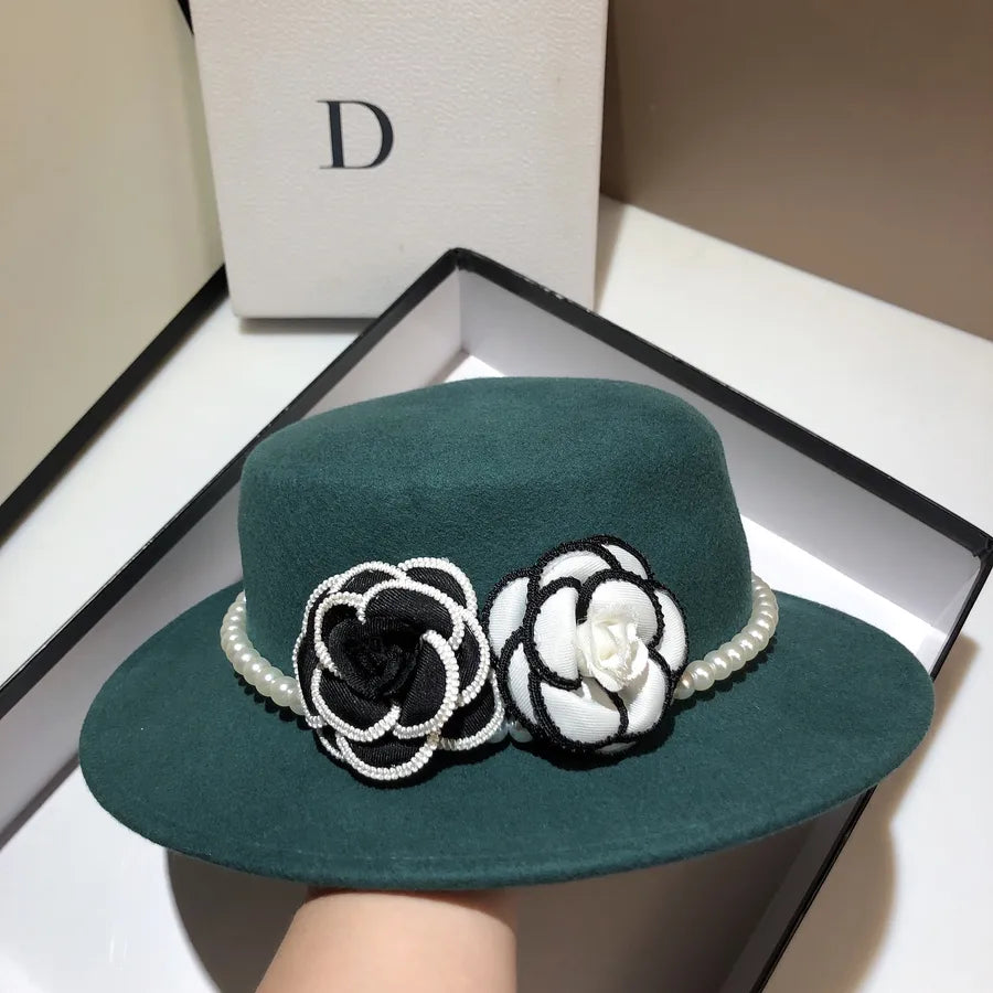 women's elegant retro solid color flowers wide eaves fedora hat