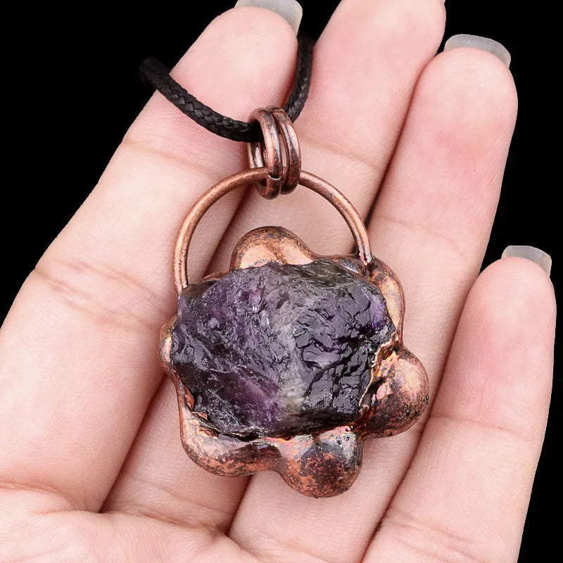 Elegant Vintage Style Geometric natural stone rope Copper Natural Stone Crystal February Birthstone Amethyst cable chain box chain Pendant Necklace In Bulk