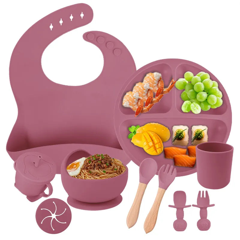 Baby silicone tableware suit baby learning to eat food supplement tableware self-eating sucker bowl integrated children's plate