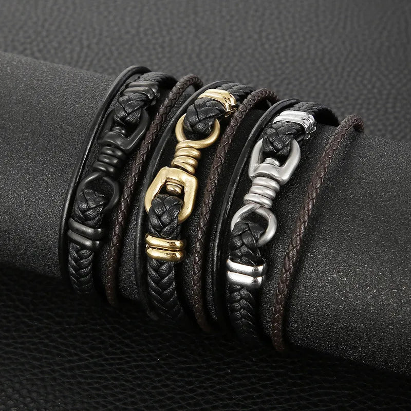 Hip-Hop Retro Color Block Pu Leather Titanium Steel Irregular Plating 18K Gold Plated Men's Bangle
