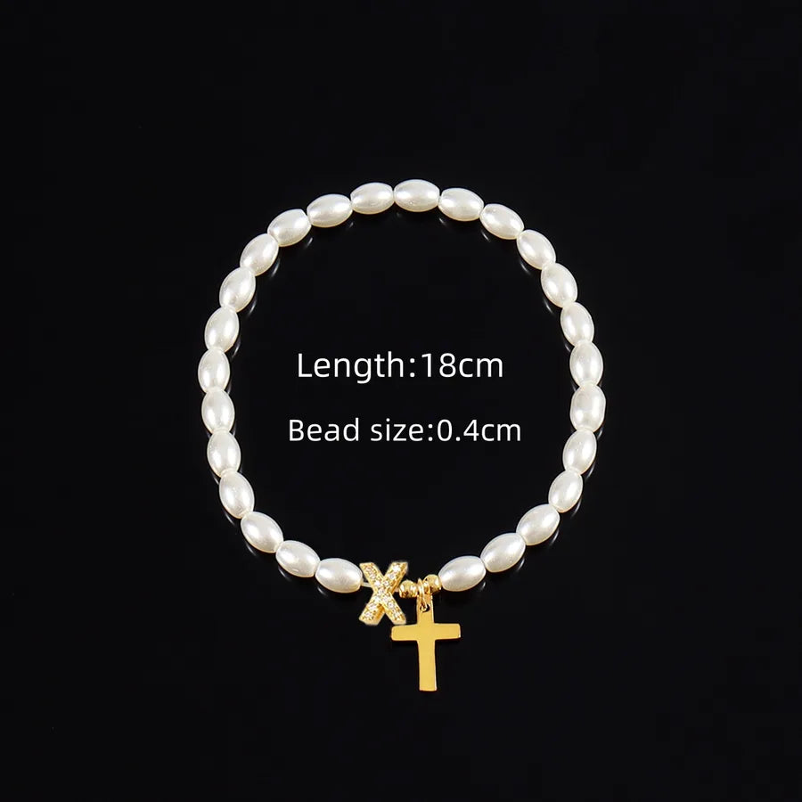 Simple Style Cross Letter 304 Stainless Steel Artificial Pearl Copper Beaded Chain Bracelets In Bulk