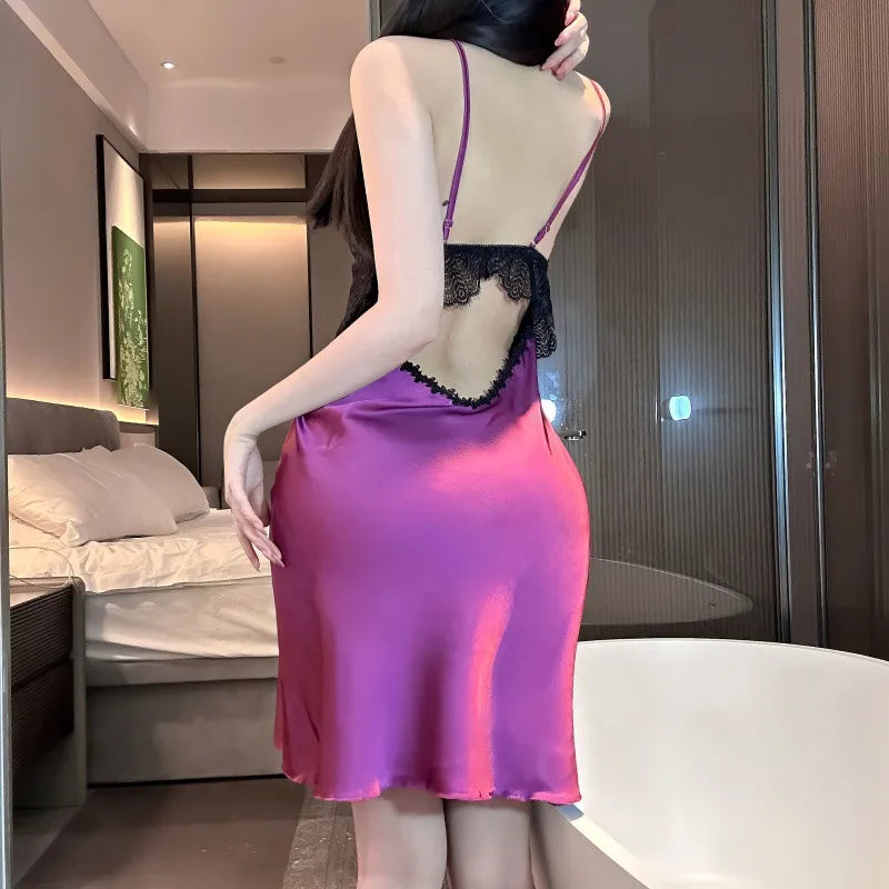 Pure Desire Sexy Silk Sleepwear Women's Thin Strap Slip Dress Home Clothes Spring Summer White Enhancing Backless Nightgown