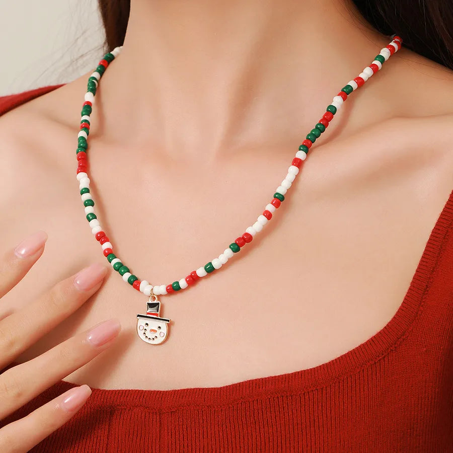 Christmas Themed Double Layered Necklace With Santa Claus Design Glass Beads Clavicle Chain Jewelry Accessory For Unisex Use