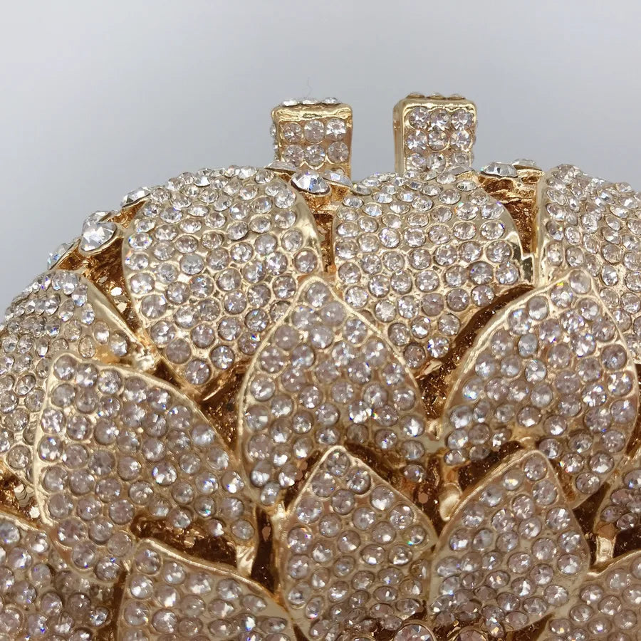 Gold Silver Rhinestone Metal Flower Round Evening Bags